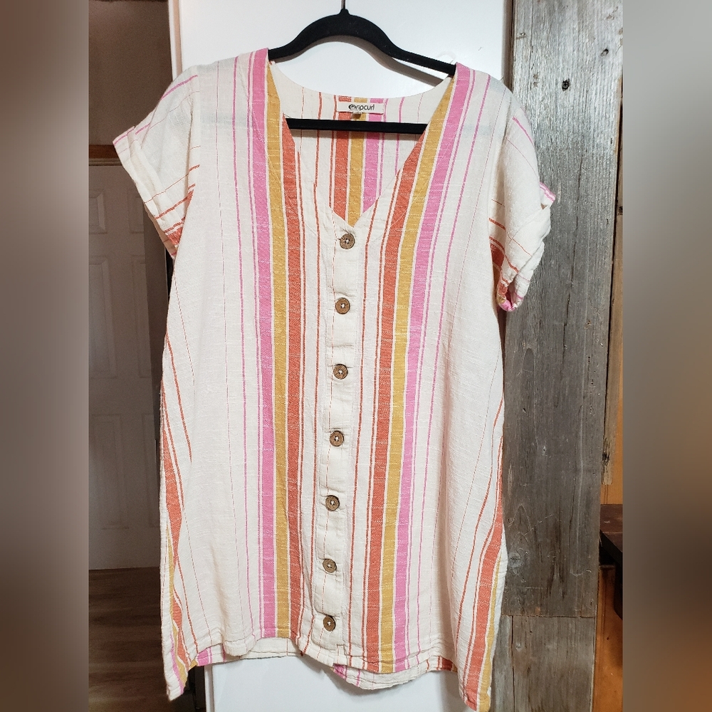 Rip Curl White Tunic Dress with Pink, Orange & Yellow Stripes